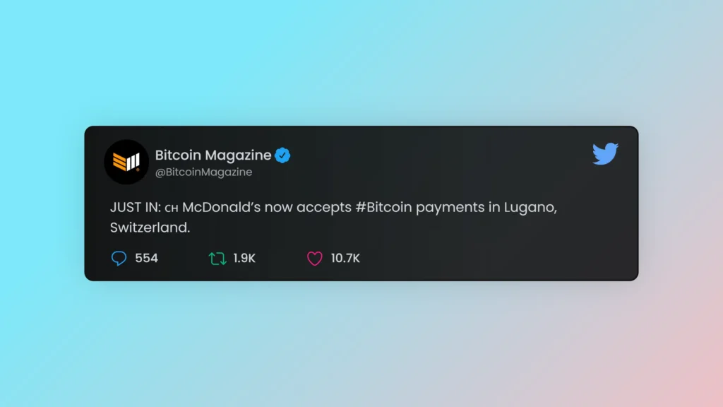 McDonald’s now accepts #Bitcoin payments in Lugano, Switzerland