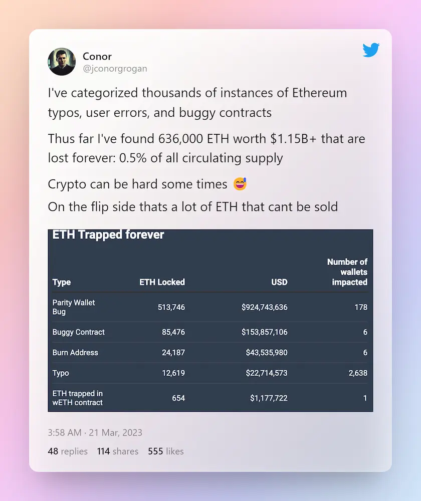 Over $1b worth of Ether lost forever due to bugs and typos