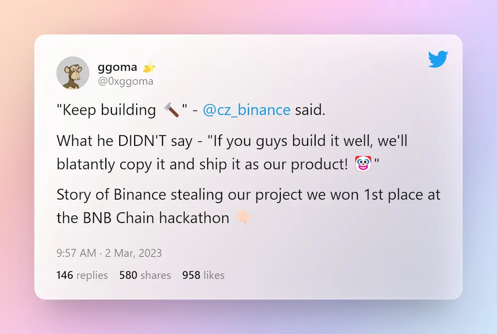 BNB Chain Hackathon Winners Says Binance AI NFT Tool Bicasso Is A Stolen Product