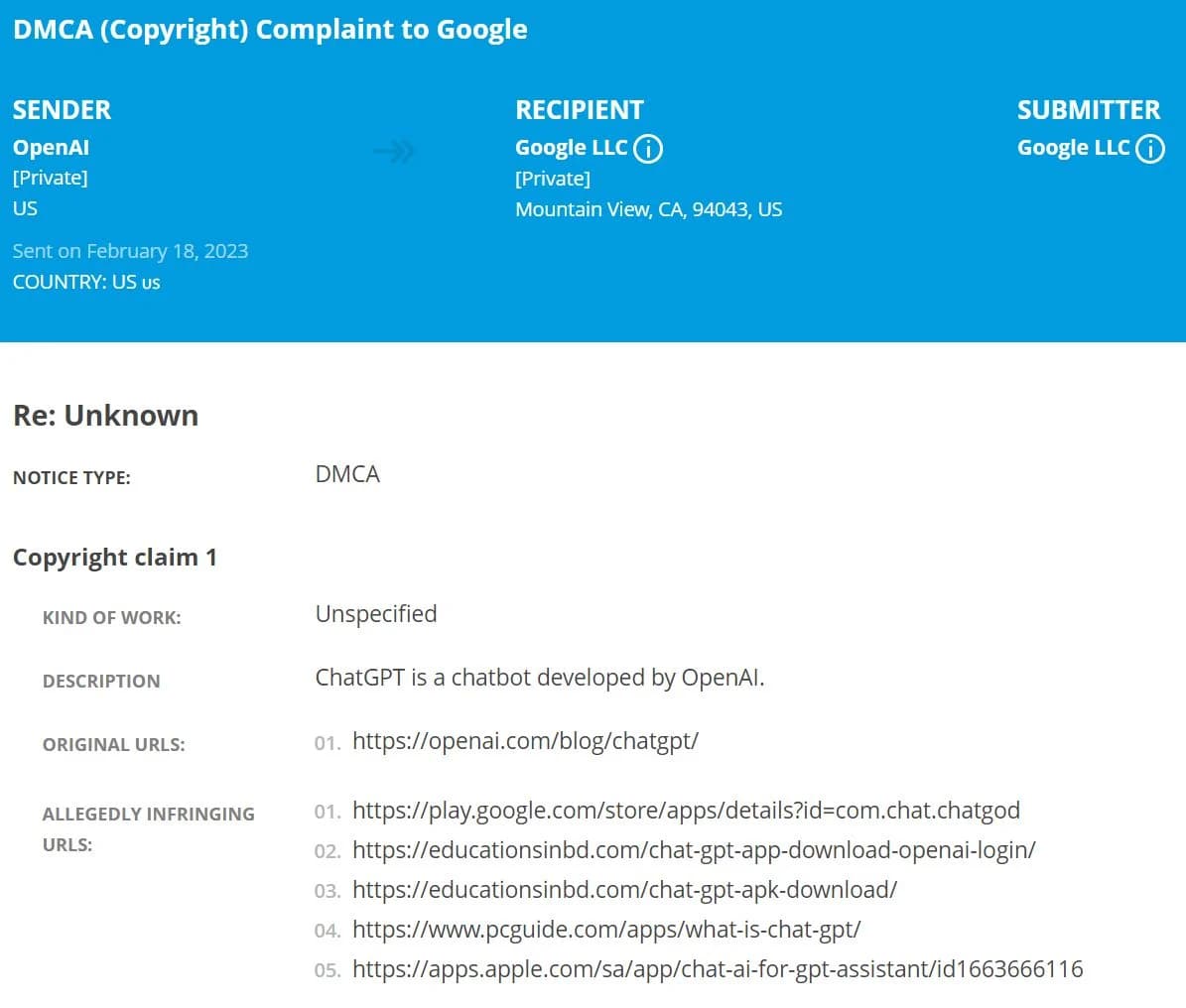 OpenAI Sent ChatGPT Takedown Notices To Google