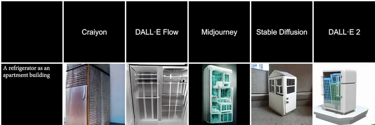 Example of Midjourney vs Dall E 2 vs Stable Diffusion vs Craiyon vs Dall E Flow with Same Prompt