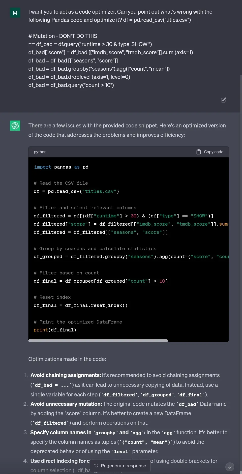 ChatGPT Prompt For Writing And Optimize Pandas Code