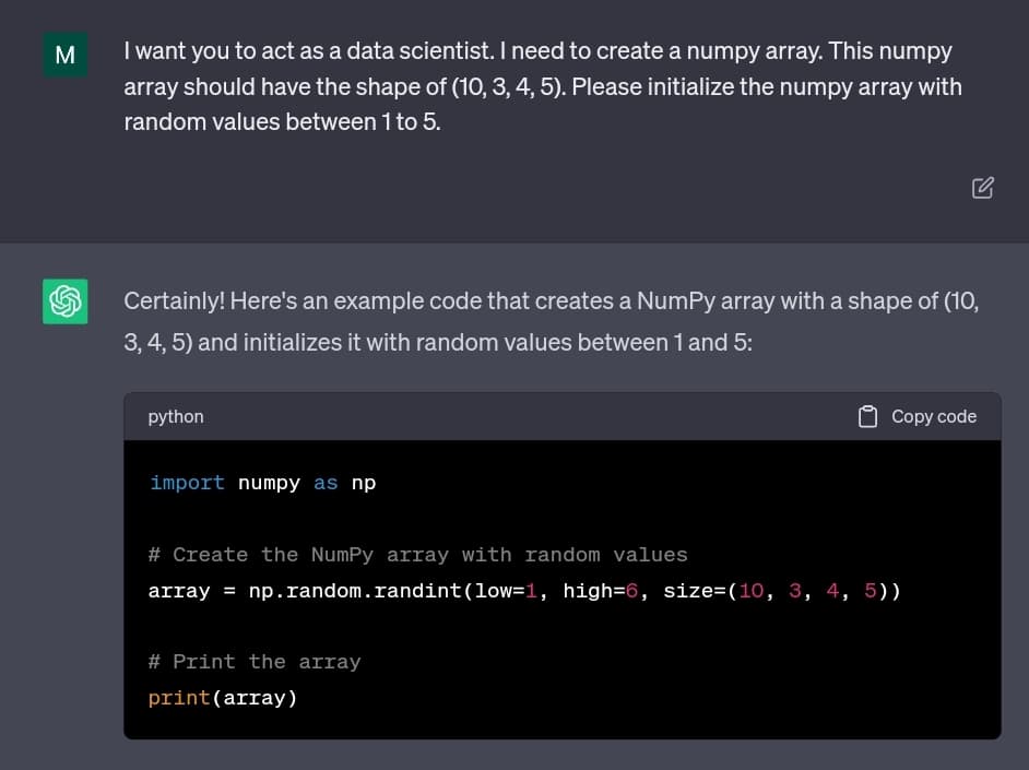 Prompt for creating NumPy Array