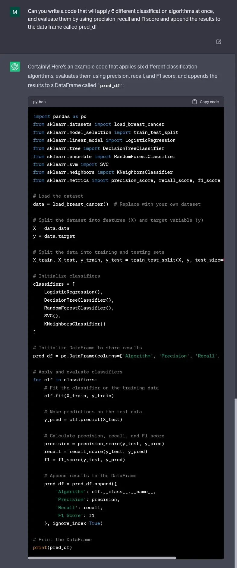 write a code that will apply 6 different classification algorithms at once - ChatGPT Prompt For Data Scientist