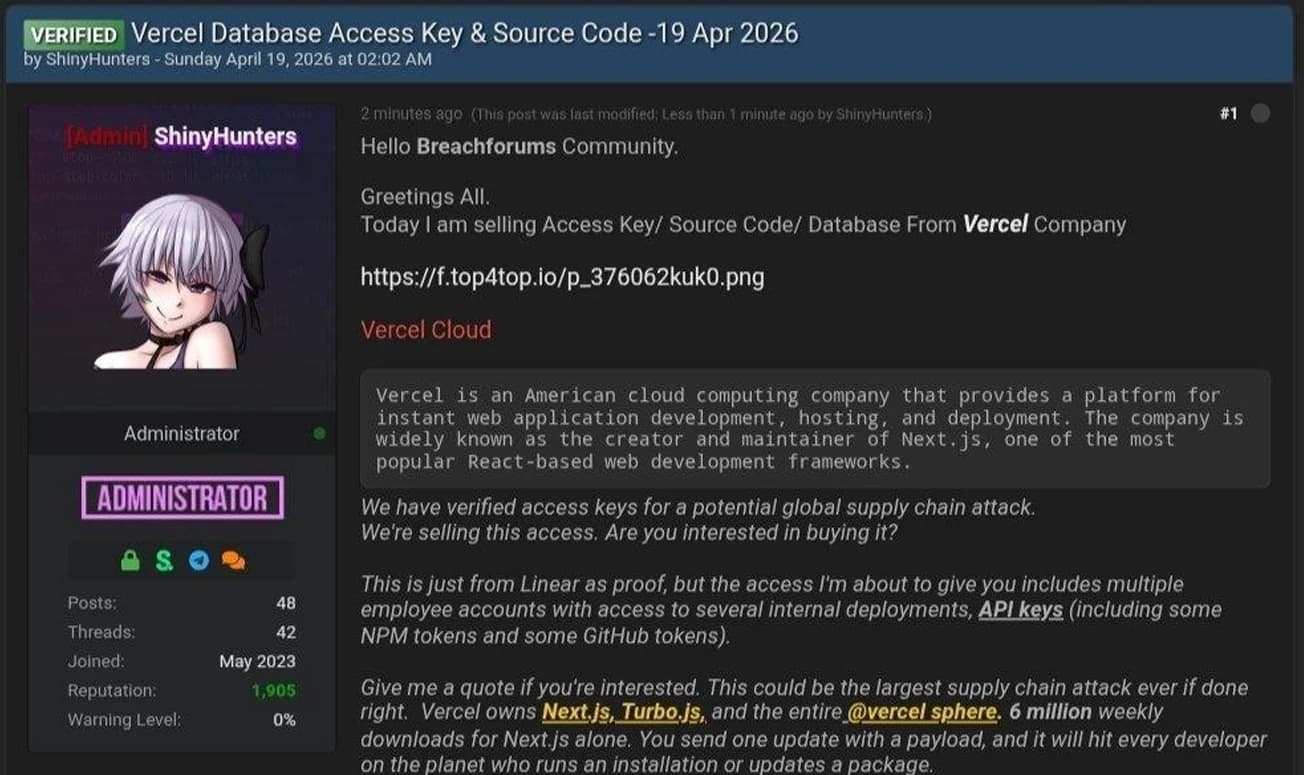 ShinyHunters Allegedly Selling Vercel Access Keys